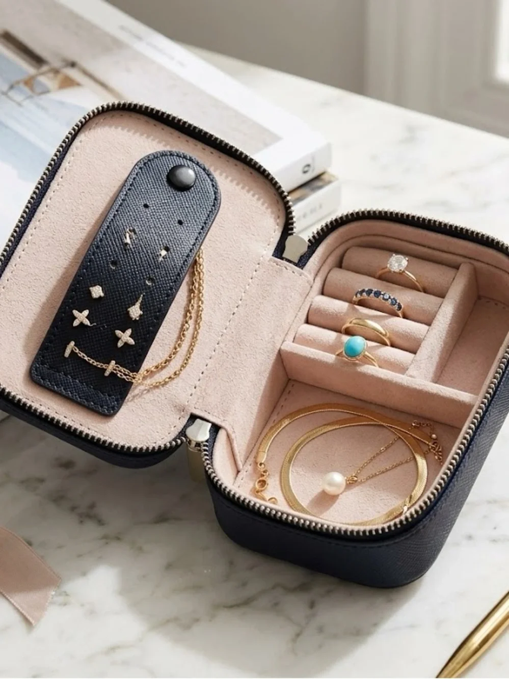 kate spade Black Heart-Print Jewelry Case with Pink & Cream Hearts
